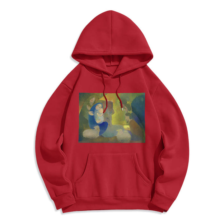 Christianartworkshop Felpa con cappuccio in poliestere foderata in pile con scena della Natività in stile classico colorato e notte santa - Rosso - 2XL - image 35