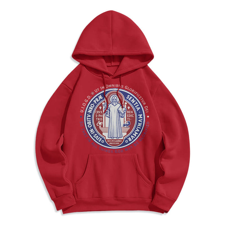 Felpa con cappuccio in poliestere foderata in pile con emblema della medaglia di San Benedetto in stile classico colorato Christianartworkshop - Rosso - 2XL - image 35