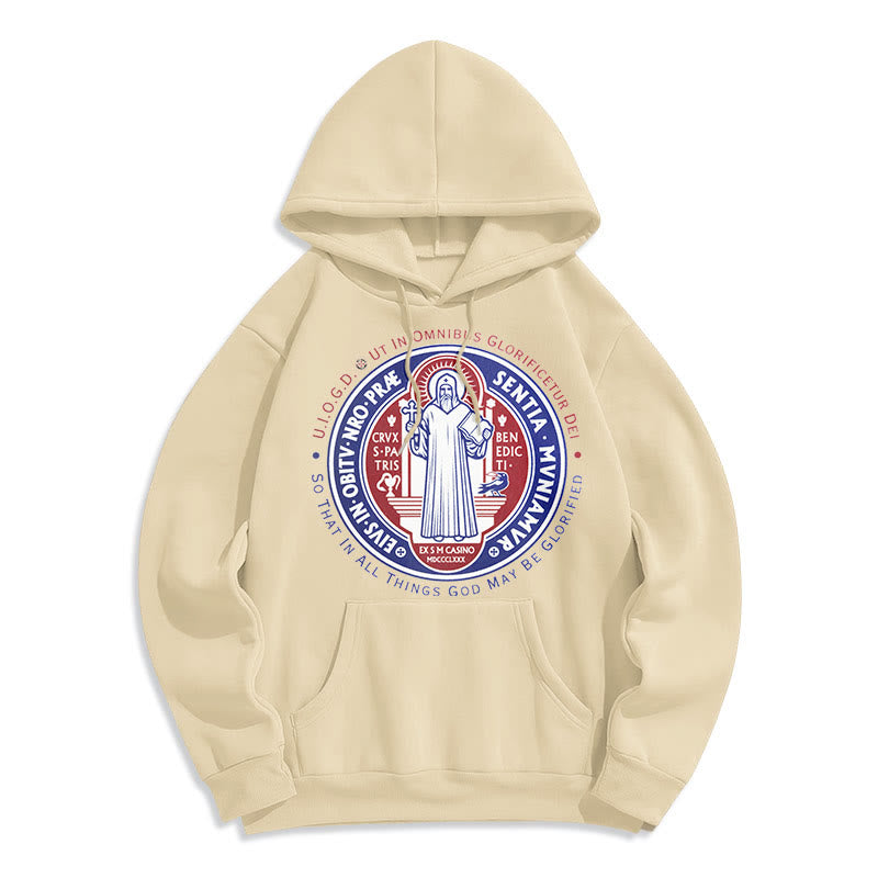 Felpa con cappuccio in poliestere foderata in pile con emblema della medaglia di San Benedetto in stile classico colorato Christianartworkshop - Beige - 2XL - image 10