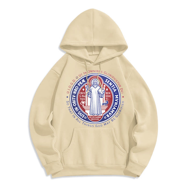 Felpa con cappuccio in poliestere foderata in pile con emblema della medaglia di San Benedetto in stile classico colorato Christianartworkshop - Beige - 2XL - image 10
