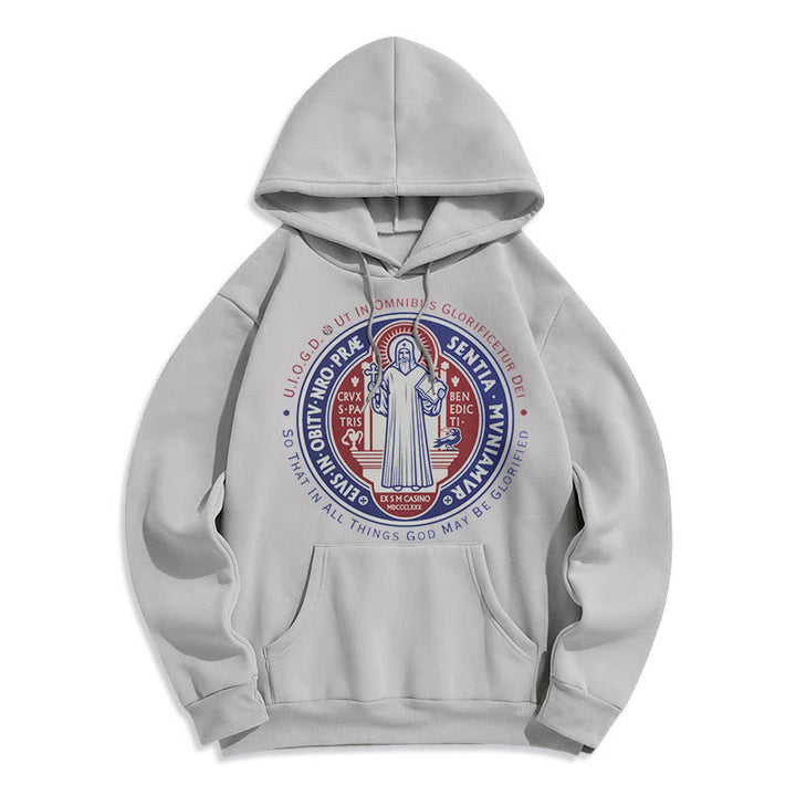 Felpa con cappuccio in poliestere foderata in pile con emblema della medaglia di San Benedetto in stile classico colorato Christianartworkshop - Grigio - 2XL - image 30