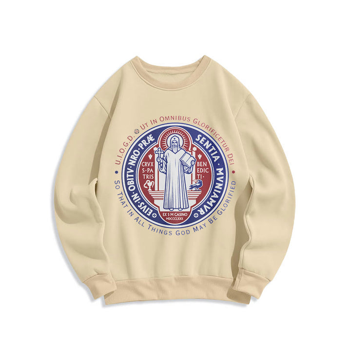 Felpa in poliestere foderata in pile con emblema della medaglia di San Benedetto in stile classico colorato Christianartworkshop - Beige - 2XL - image 10