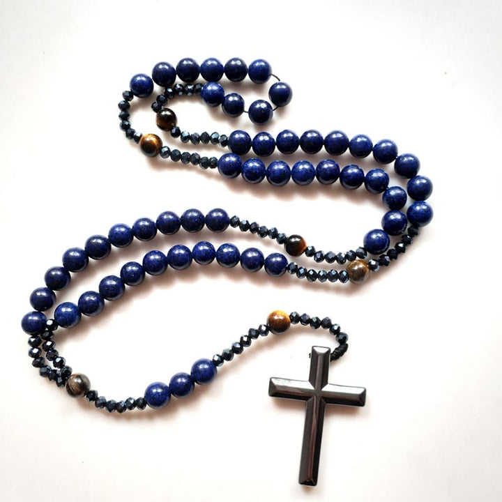 Christianartworkshop Croce in ematite blu rotonda da 4*8 mm, rosario con cordino in nylon - image 3
