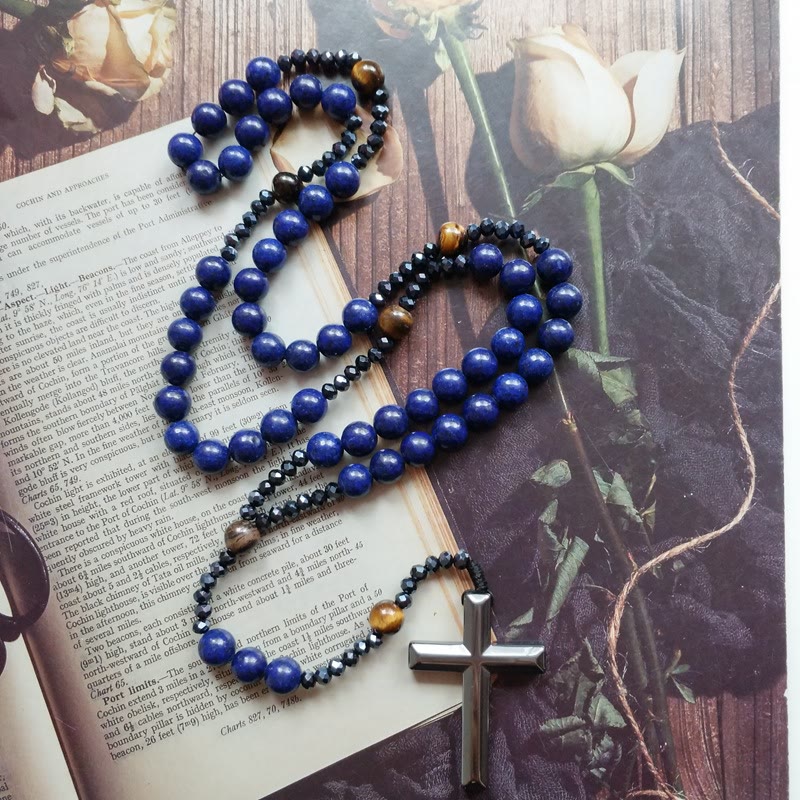 Christianartworkshop Croce in ematite blu rotonda da 4*8 mm, rosario con cordino in nylon - Blu - image 0