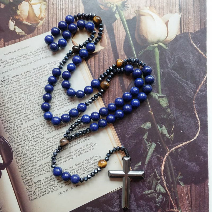 Christianartworkshop Croce in ematite blu rotonda da 4*8 mm, rosario con cordino in nylon - Blu - image 0