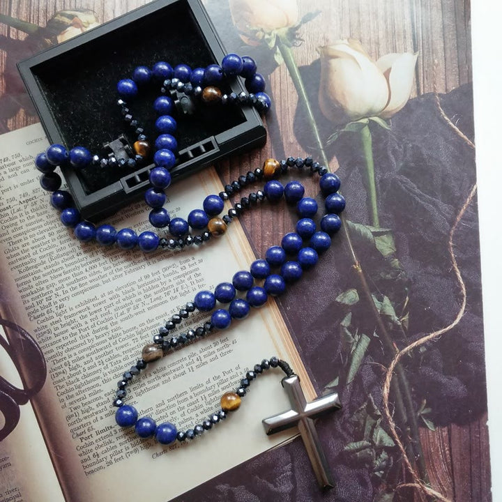 Christianartworkshop Croce in ematite blu rotonda da 4*8 mm, rosario con cordino in nylon - image 1