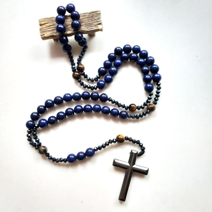 Christianartworkshop Croce in ematite blu rotonda da 4*8 mm, rosario con cordino in nylon - image 2