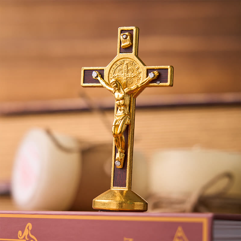 Ornamento a forma di croce di San Benedetto intarsiato in legno, stile classico europeo tradizionale Christianartworkshop - D'oro - image 2