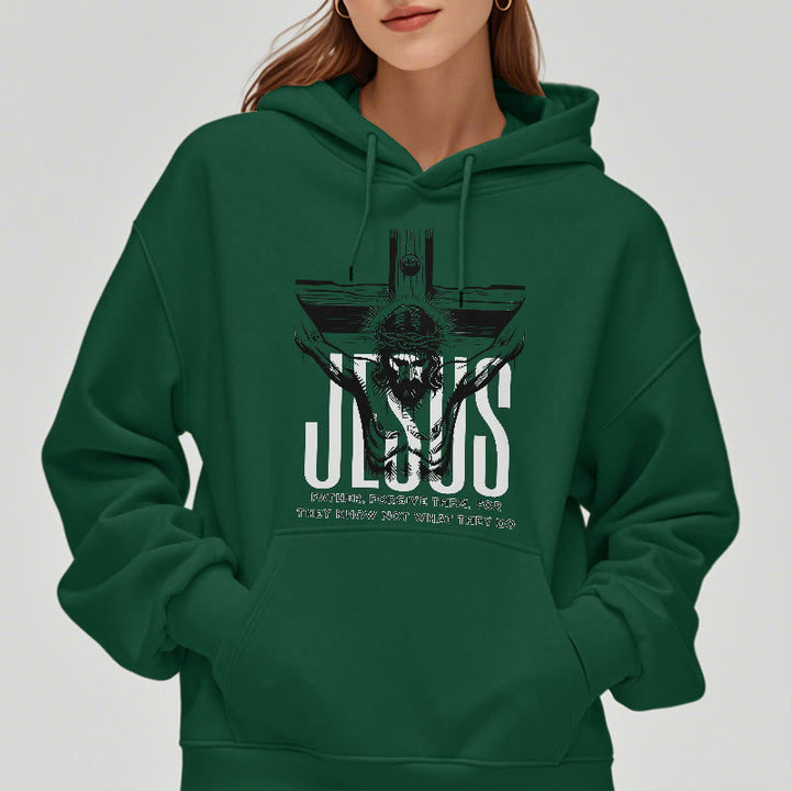 Felpa con cappuccio in poliestere foderata in pile con crocifisso "Padre perdona loro" in stile classico Christianartworkshop - image 23