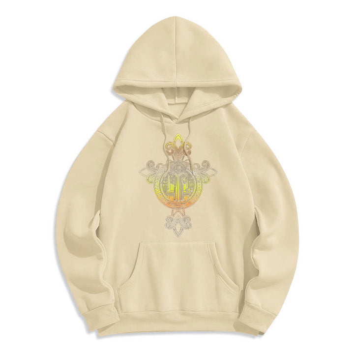 Christianartworkshop Felpa con cappuccio in poliestere foderata in pile con volute e stemma di San Benedetto in stile colorato - Beige - 2XL - image 10
