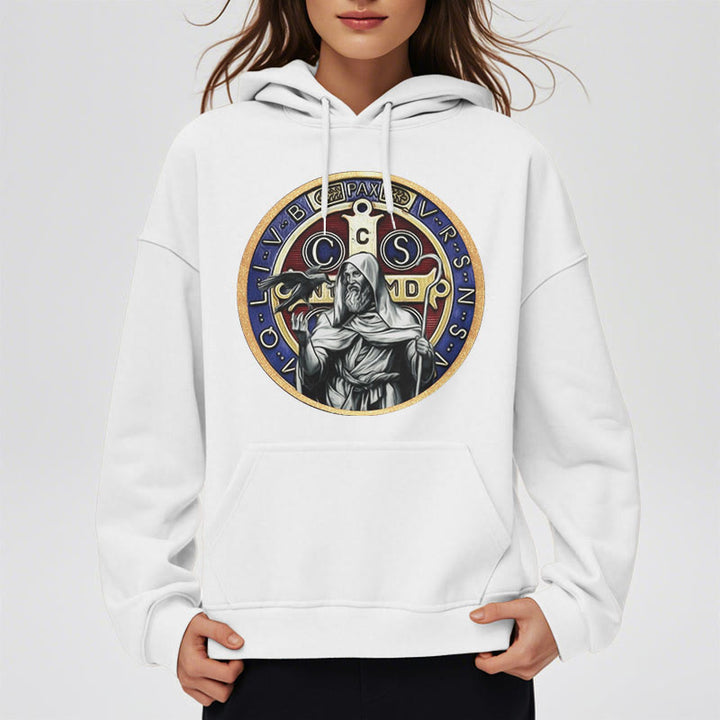 Felpa con cappuccio in poliestere foderata in pile con emblema della figura di San Benedetto in stile classico colorato Christianartworkshop - image 8