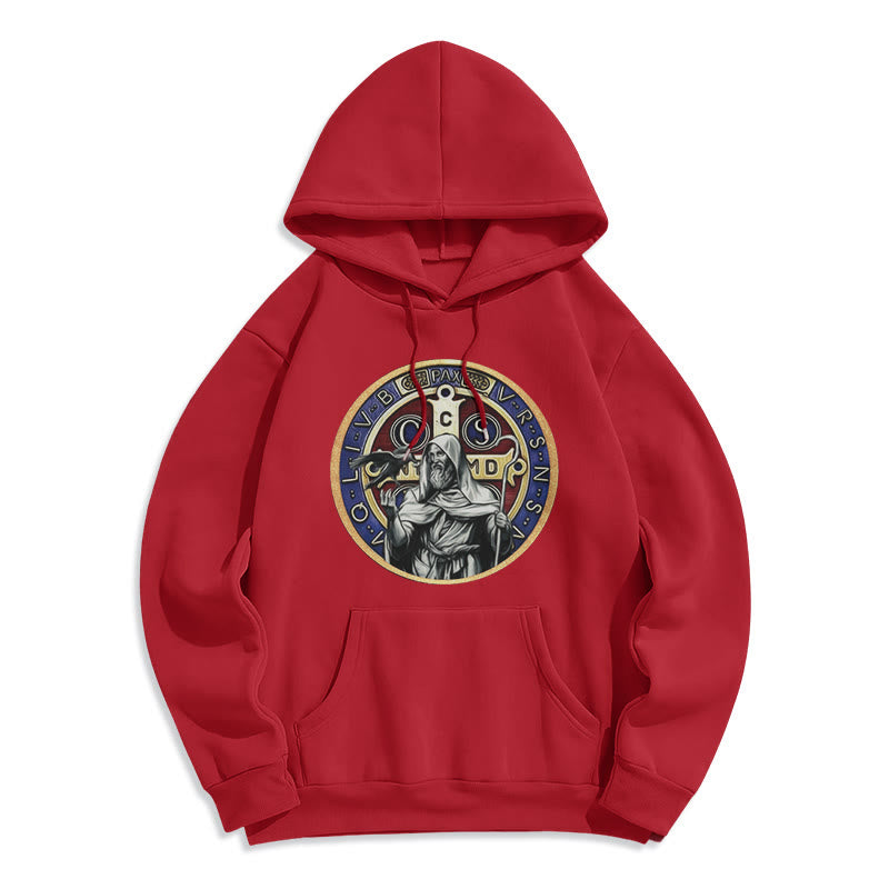 Felpa con cappuccio in poliestere foderata in pile con emblema della figura di San Benedetto in stile classico colorato Christianartworkshop - Rosso - 2XL - image 35
