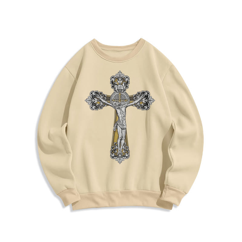 Felpa in poliestere foderata in pile con crocifisso di San Benedetto in stile classico Christianartworkshop - Beige - 2XL - image 10