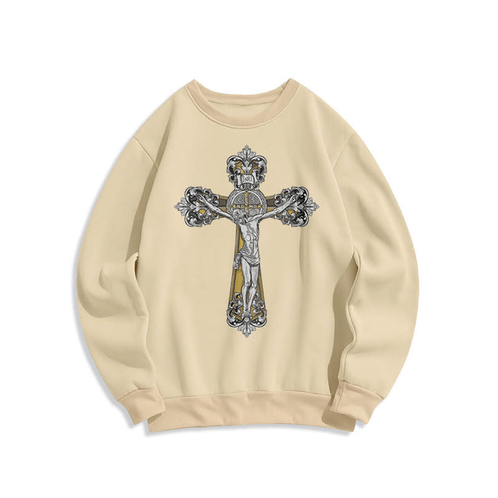 Felpa in poliestere foderata in pile con crocifisso di San Benedetto in stile classico Christianartworkshop - Beige - 2XL - image 10