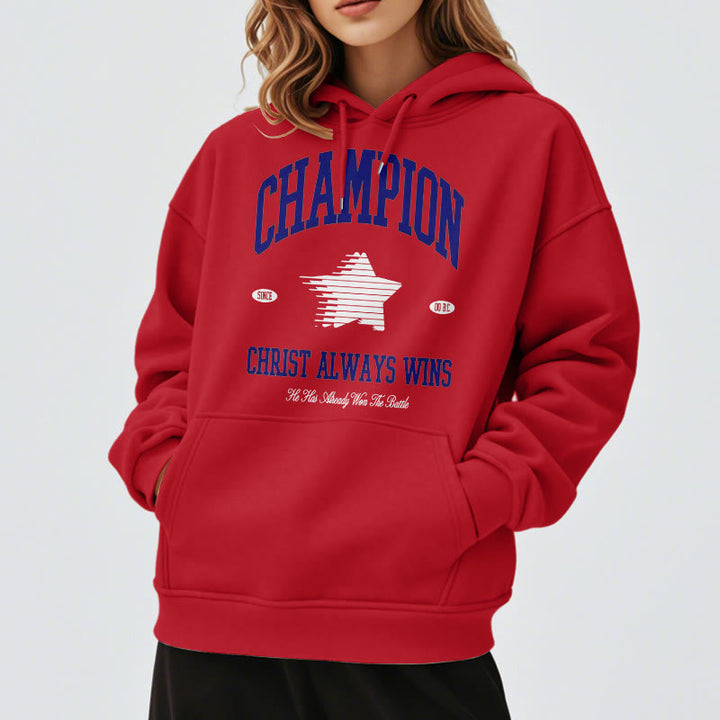 Felpa con cappuccio in poliestere foderata in pile "Cristo vince sempre" di Christianartworkshop , stile moderno - image 1