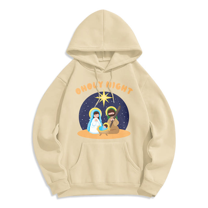 Christianartworkshop Felpa con cappuccio in poliestere foderata in pile con scena della Natività della Notte Santa in stile colorato - Beige - 2XL - image 0