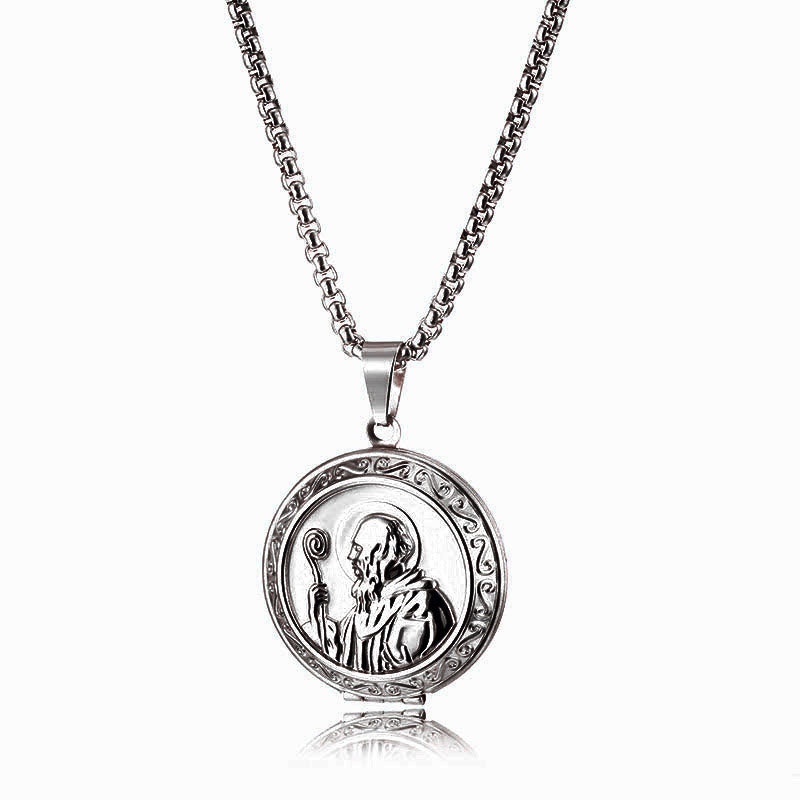 Christianartworkshop Collana con ciondolo a medaglione bifacciale inciso in stile classico con San Benedetto - Argento - image 1