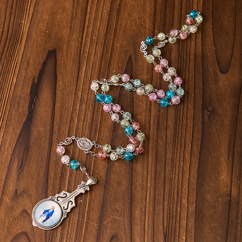 Christianartworkshop Rosario in lega di vetro multicolore rotondo da 8 mm con catena della Madonna di Fatima e Assunzione della Madonna - image 0