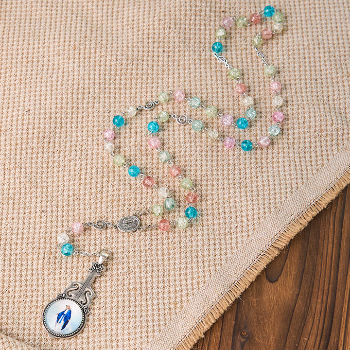 Christianartworkshop Rosario in lega di vetro multicolore rotondo da 8 mm con catena della Madonna di Fatima e Assunzione della Madonna - image 7