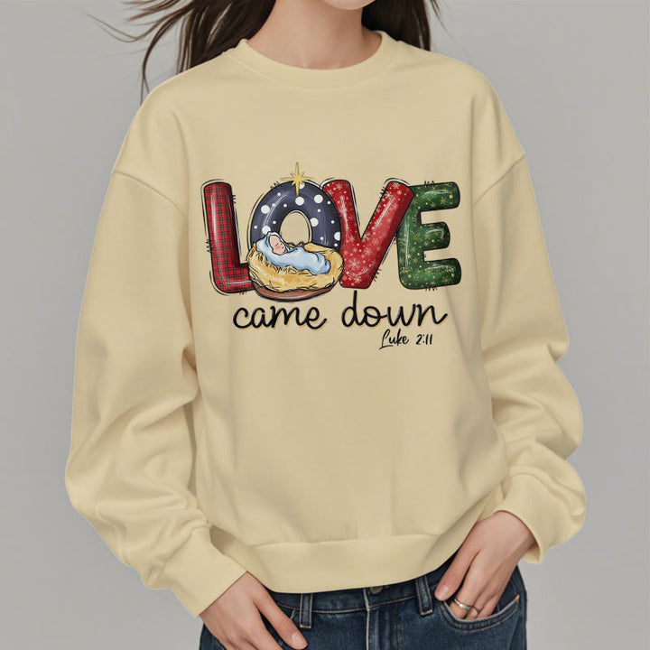 Felpa in poliestere foderata in pile natalizio con scritta "Love Came Down" in stile colorato Christianartworkshop - image 13