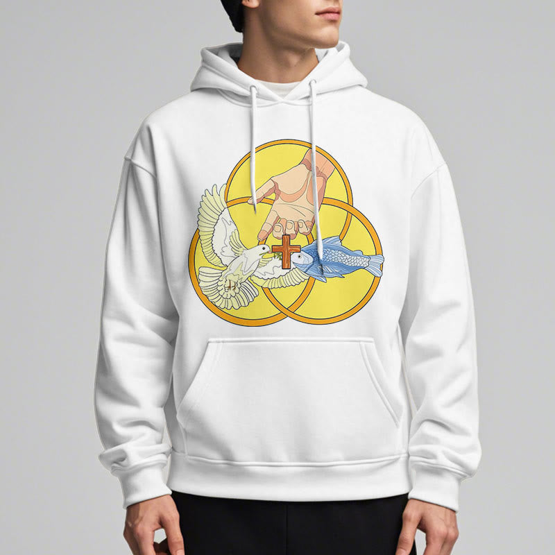 Christianartworkshop Felpa con cappuccio in poliestere foderata in pile con emblema della croce della Santissima Trinità in stile colorato - image 12