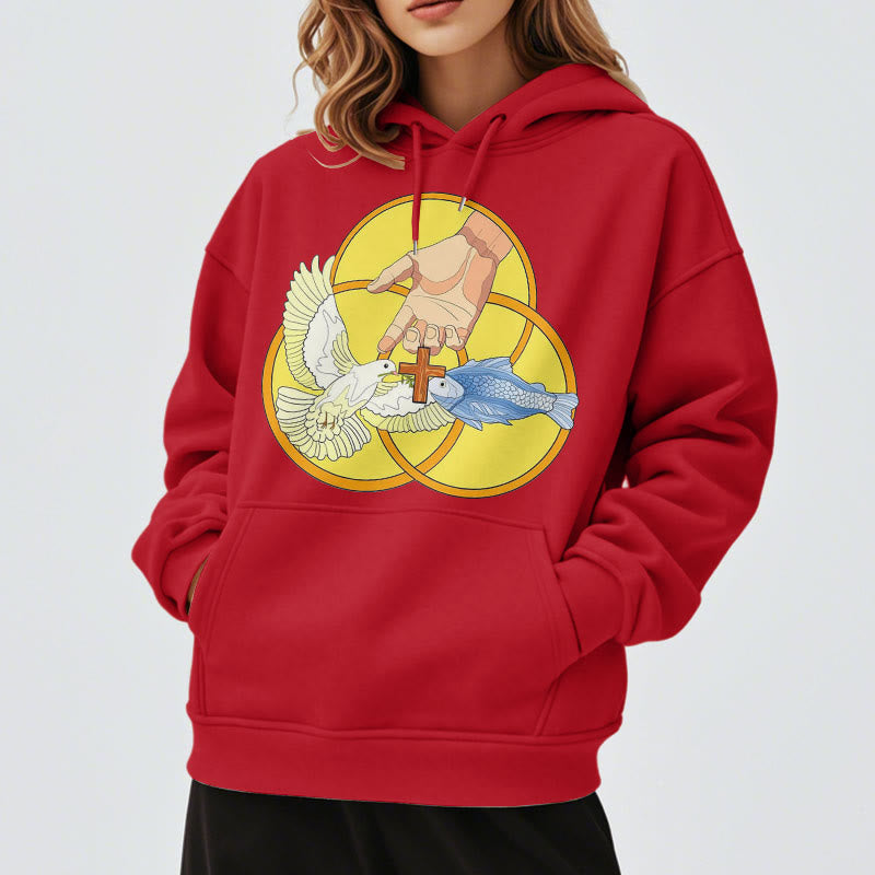 Felpa con cappuccio in poliestere foderata in pile con emblema della croce della Santissima Trinità in stile colorato Christianartworkshop - image 1