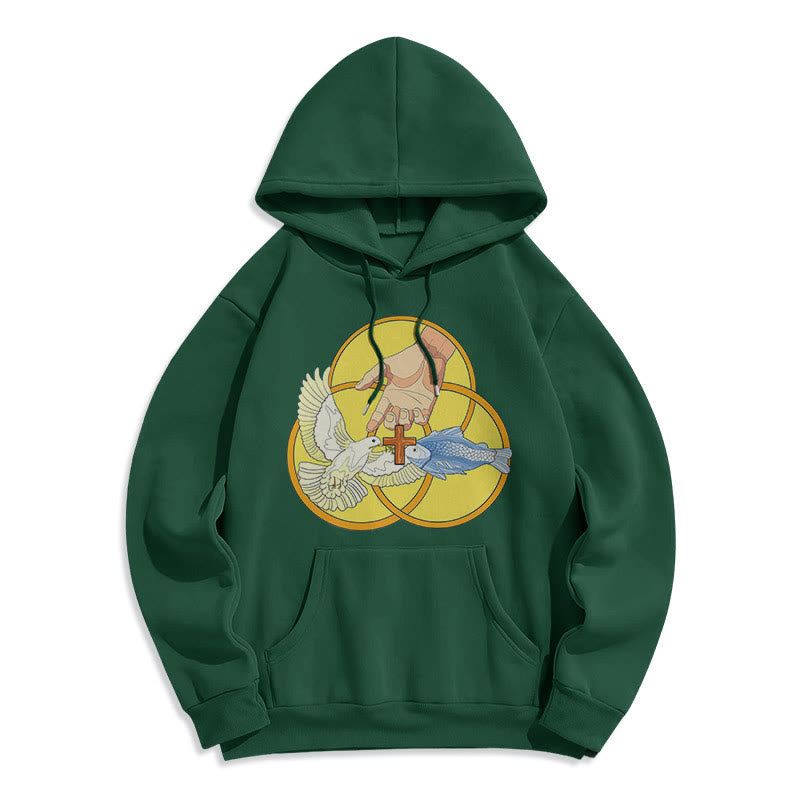 Christianartworkshop Felpa con cappuccio in poliestere foderata in pile con emblema della croce della Santissima Trinità in stile colorato - Verde - 2XL - image 25