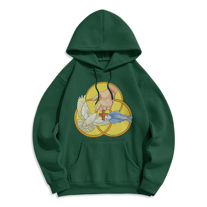 Christianartworkshop Felpa con cappuccio in poliestere foderata in pile con emblema della croce della Santissima Trinità in stile colorato - Verde - 2XL - image 25