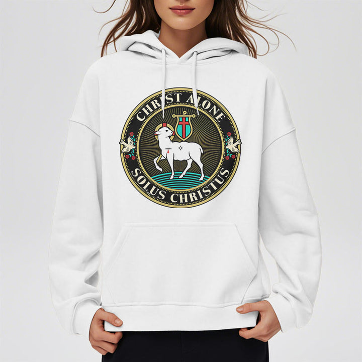 Felpa con cappuccio in poliestere foderata in pile con scritta "Cristo solo, Agnello di Dio" in stile moderno Christianartworkshop - image 13