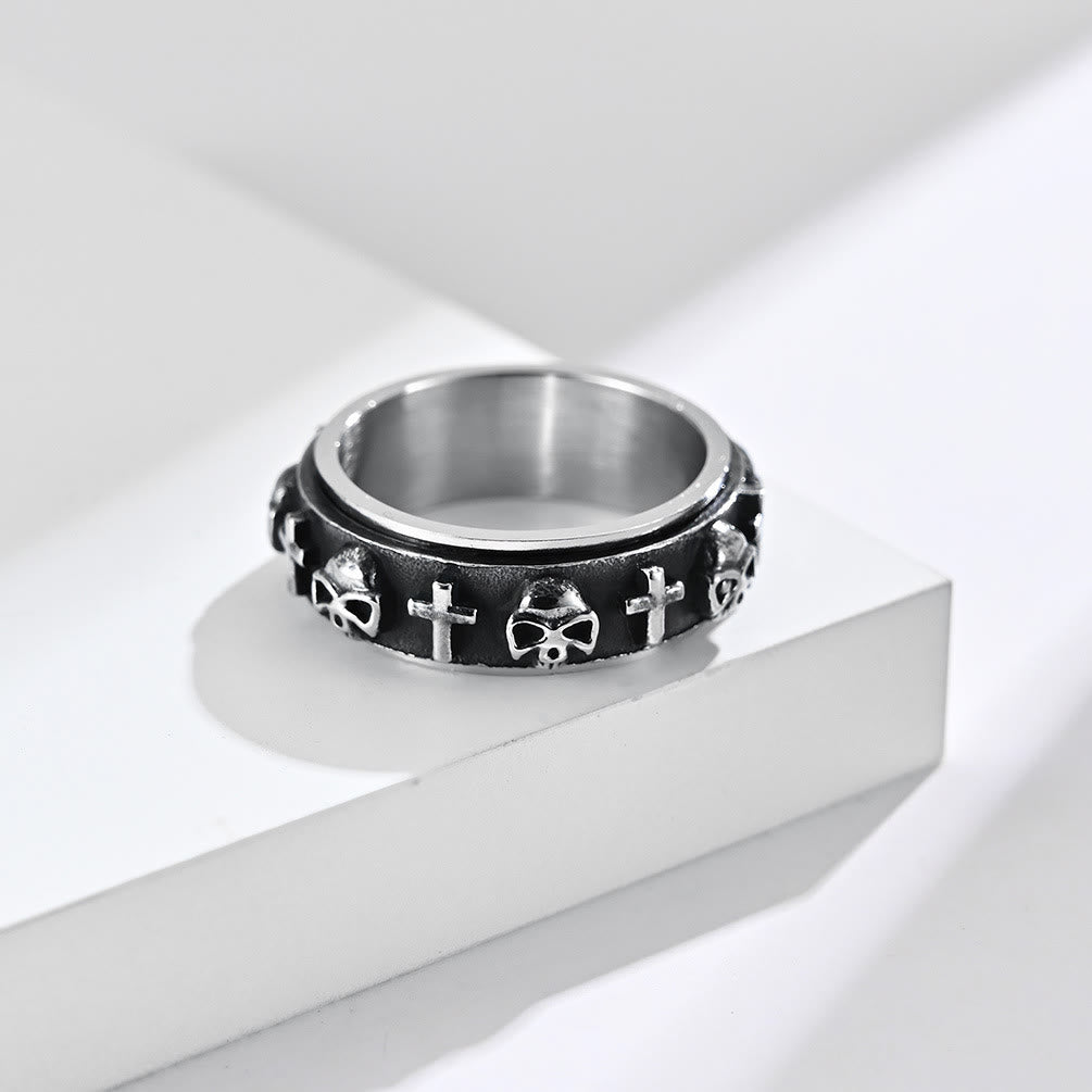 Christianartworkshop Anello girevole in acciaio al titanio con teschio e croce in stile moderno - Argento retrò - US 13 - image 1