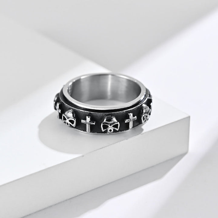 Christianartworkshop Anello girevole in acciaio al titanio con teschio e croce in stile moderno - Argento retrò - US 13 - image 1