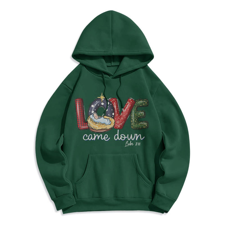Christianartworkshop Felpa con cappuccio in poliestere foderata in pile natalizio "Love Came Down" di stile colorato - Verde - 2XL - image 20