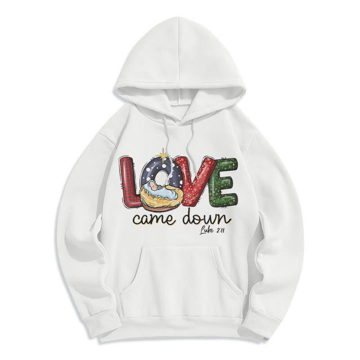 Christianartworkshop Felpa con cappuccio in poliestere foderata in pile natalizio "Love Came Down" di stile colorato - Bianco - 2XL - image 5