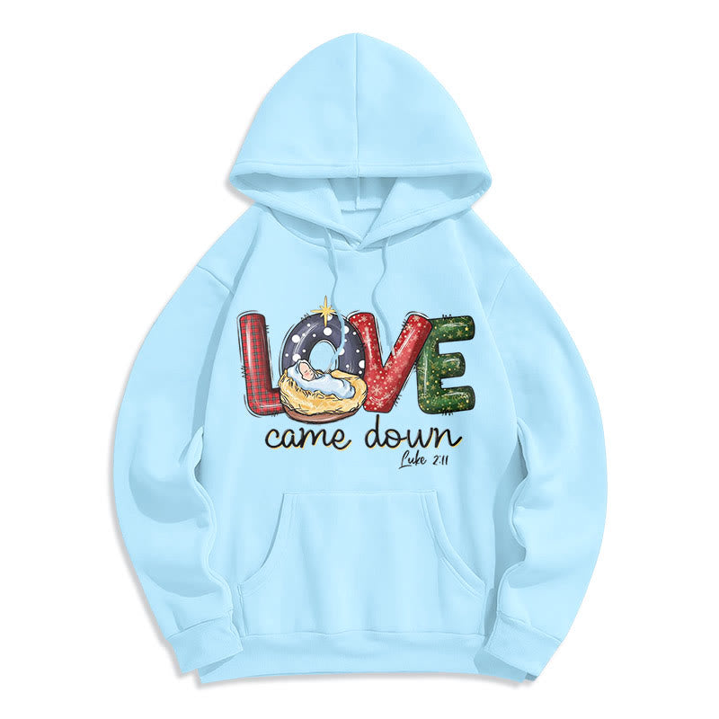 Christianartworkshop Felpa con cappuccio in poliestere foderata in pile natalizio "Love Came Down" di stile colorato - Blu - 2XL - image 25