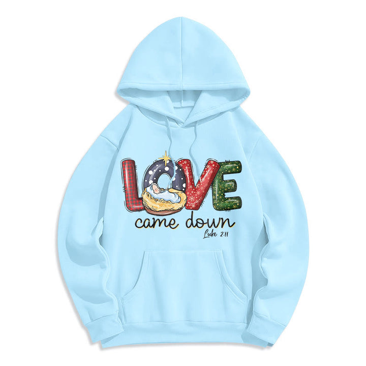 Christianartworkshop Felpa con cappuccio in poliestere foderata in pile natalizio "Love Came Down" di stile colorato - Blu - 2XL - image 25