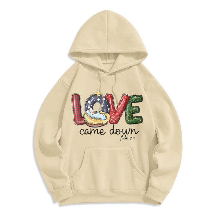 Christianartworkshop Felpa con cappuccio in poliestere foderata in pile natalizio "Love Came Down" di stile colorato - Beige - 2XL - image 0