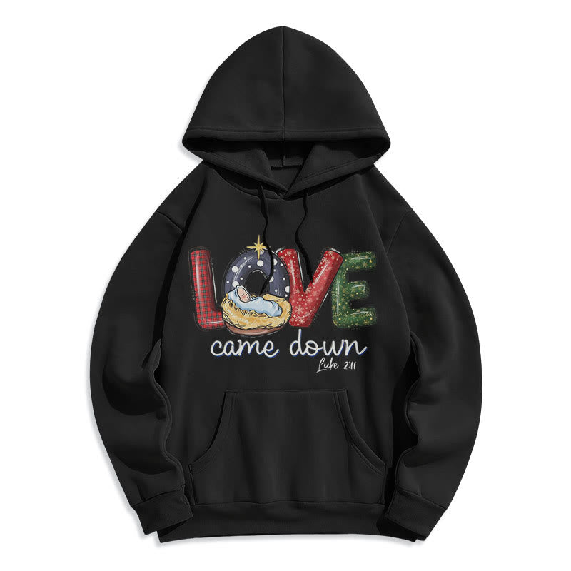 Christianartworkshop Felpa con cappuccio in poliestere foderata in pile natalizio "Love Came Down" di stile colorato - Nero - 2XL - image 10