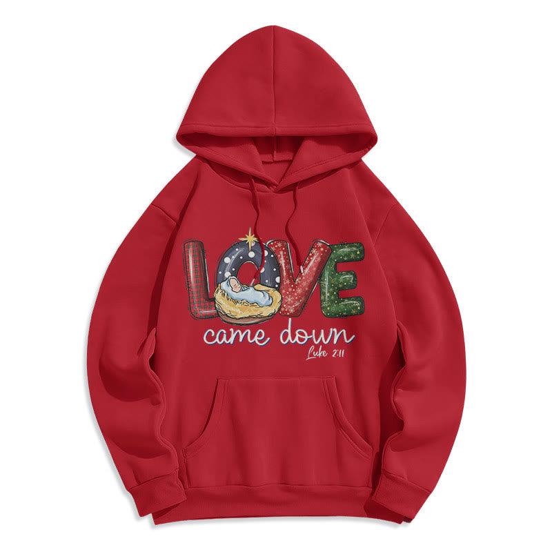 Christianartworkshop Felpa con cappuccio in poliestere foderata in pile natalizio "Love Came Down" di stile colorato - Rosso - 2XL - image 35
