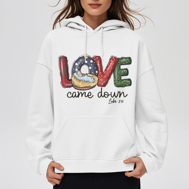 Christianartworkshop Felpa con cappuccio in poliestere foderata in pile natalizio "Love Came Down" di stile colorato - image 8