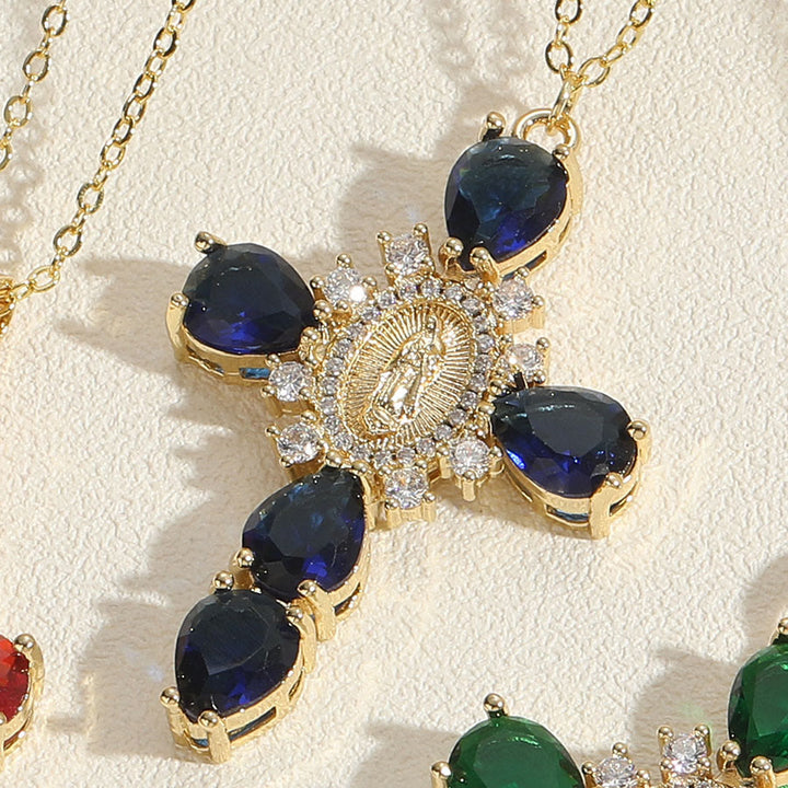 Christianartworkshop Collana con ciondolo a croce in zircone della Madonna di Guadalupe in stile moderno - Blu - image 2
