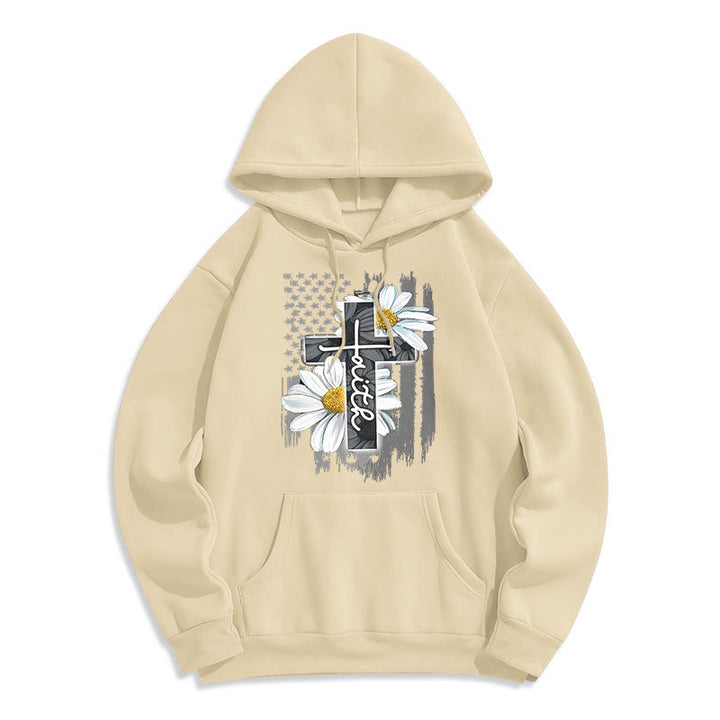 Felpa con cappuccio in poliestere foderata in pile con croce e margherite in stile moderno Christianartworkshop - Beige - 2XL - image 10