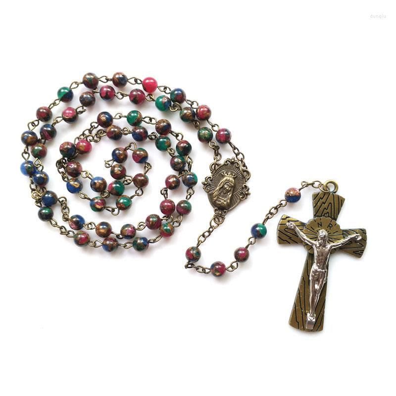Christianartworkshop Rosario con catena in lega di pietra multicolore rotonda da 6 mm con Vergine Maria e Crocifisso - Vergine Maria e Crocifisso - image 0