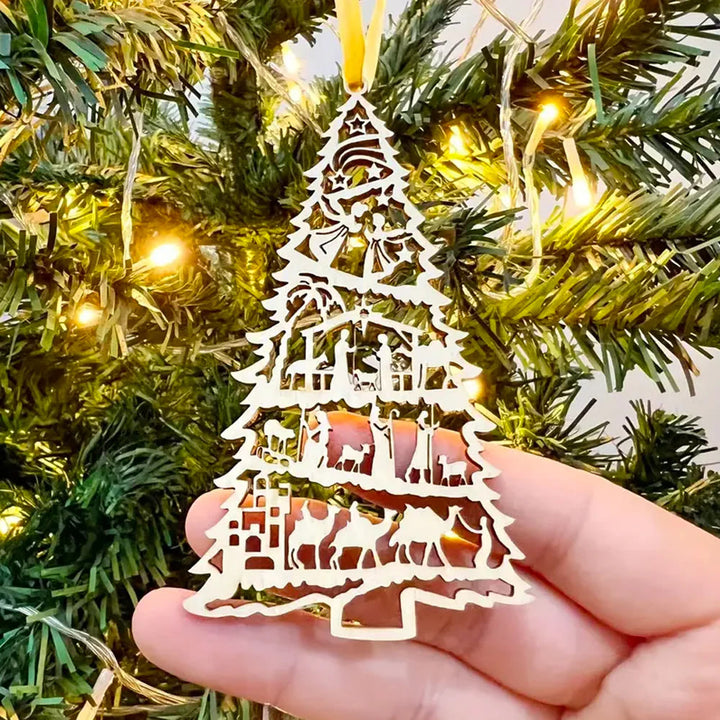 Christianartworkshop Presepe in stile classico, decorazioni natalizie in legno a forma di albero, da appendere - Presepe - image 0