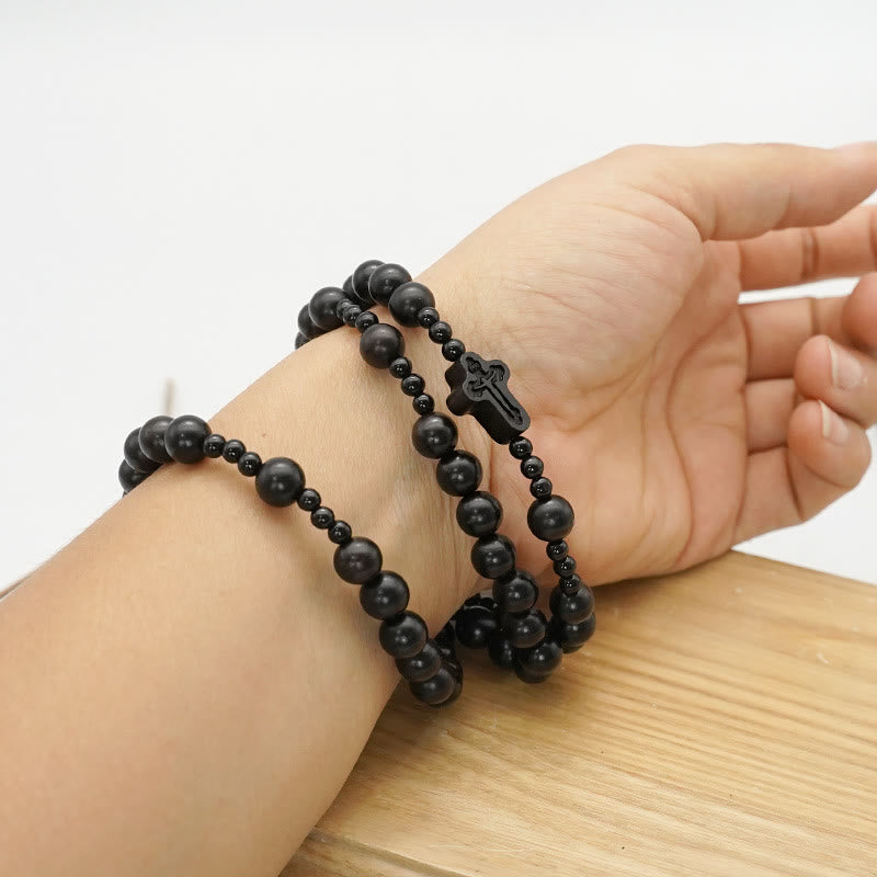 Christianartworkshop Crocifisso di rosario rotondo in legno di sandalo nero con cordino in nylon da 6*8 mm - image 12