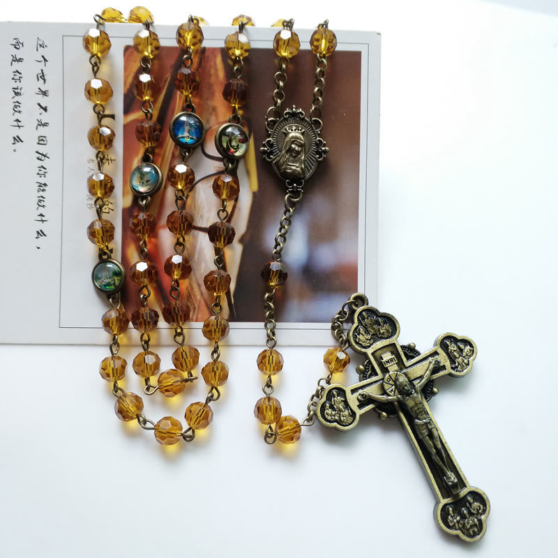 Christianartworkshop Rosario in lega di vetro giallo poliedrico da 8 mm con Vergine Maria e Crocifisso - image 6