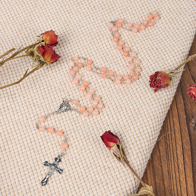 Christianartworkshop Rosario con catena in lega di agata rosa rotonda da 6 mm della Madonna del Rosario e Crocifisso - image 2