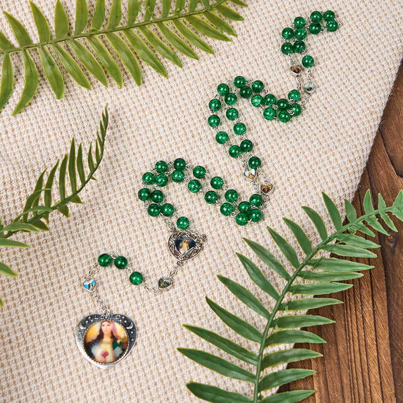 Christianartworkshop Medaglia bifacciale di Gesù Maria e Rosario in lega di vetro verde rotondo da 8 mm con catena del Sacro Cuore di Nostra Signora - image 2