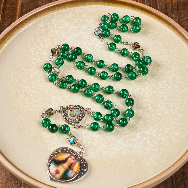 Christianartworkshop Medaglia bifacciale di Gesù Maria e Rosario in lega di vetro verde rotondo da 8 mm con catena del Sacro Cuore di Nostra Signora - Verde - image 0
