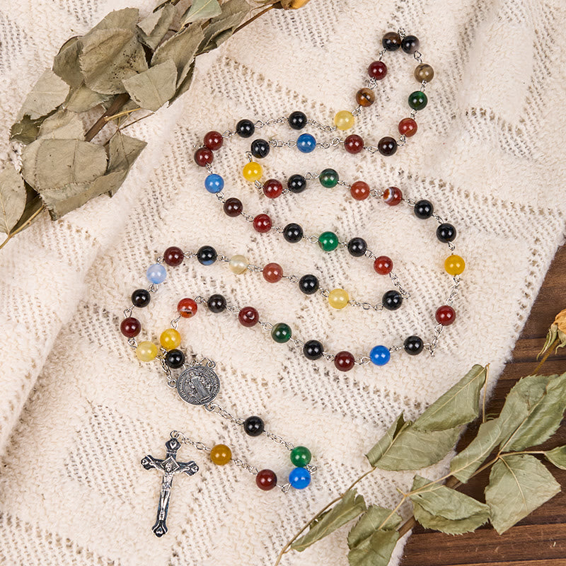 Christianartworkshop Medaglia di San Benedetto e Crocifisso con Rosario in lega di agata multicolore rotonda da 6/8 mm - 8 millimetri - image 1