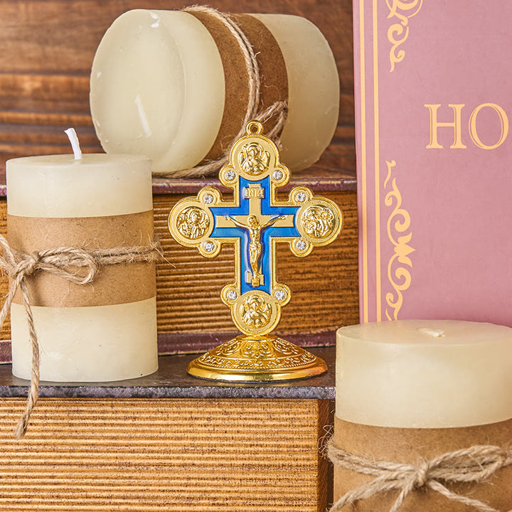 Christianartworkshop Statua della Croce della Radianza Divina in Stile Classico Retrò, Ornamenti da Tavolo - Blu - image 1